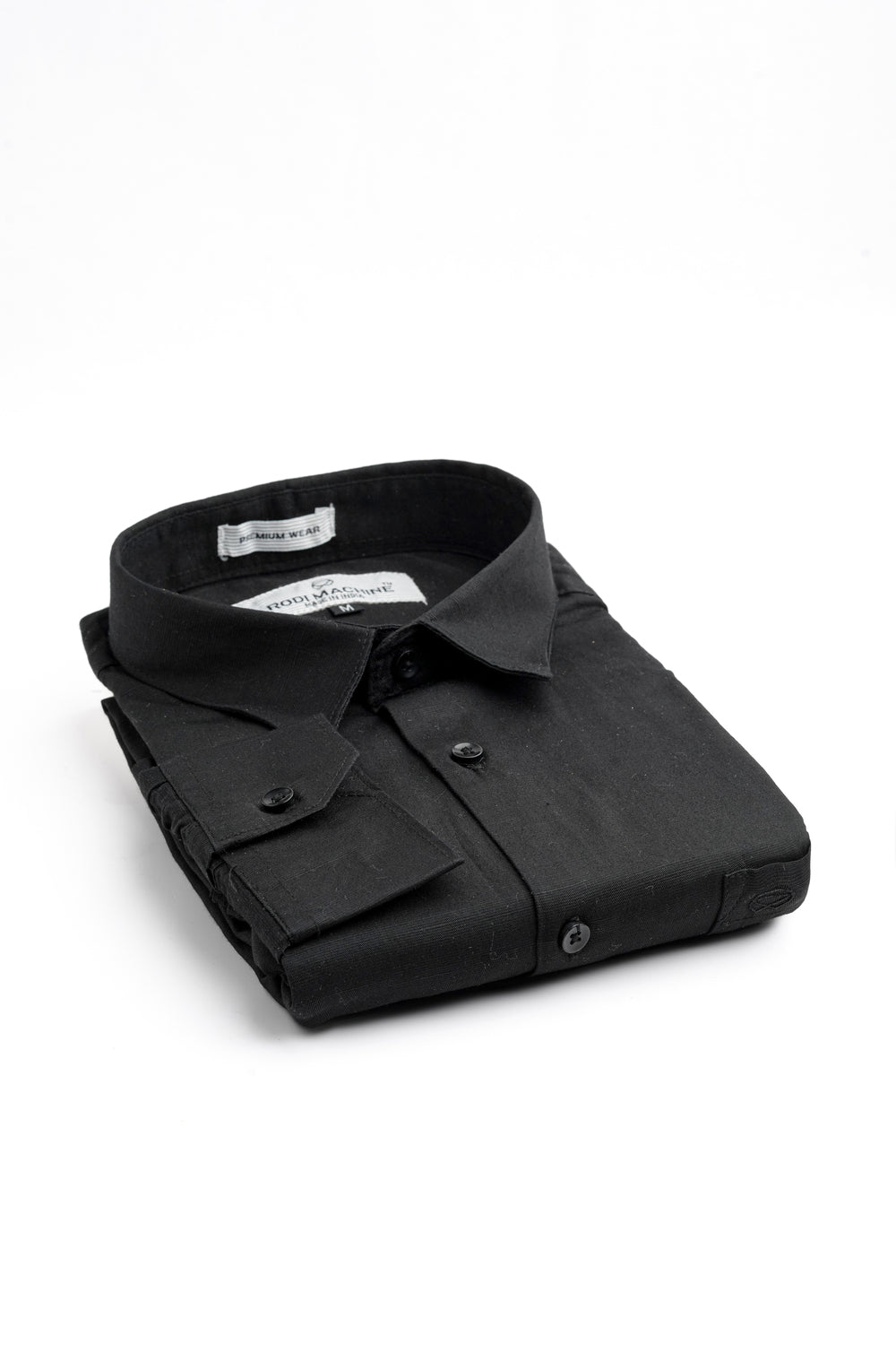 Folded  Black colour Rodi Machine shirt on a white background