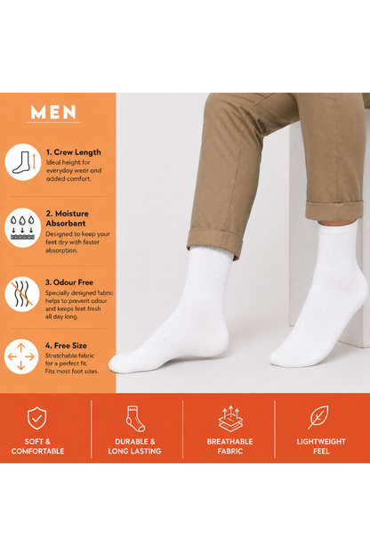 Pack of 5 White socksCrew Length For Men