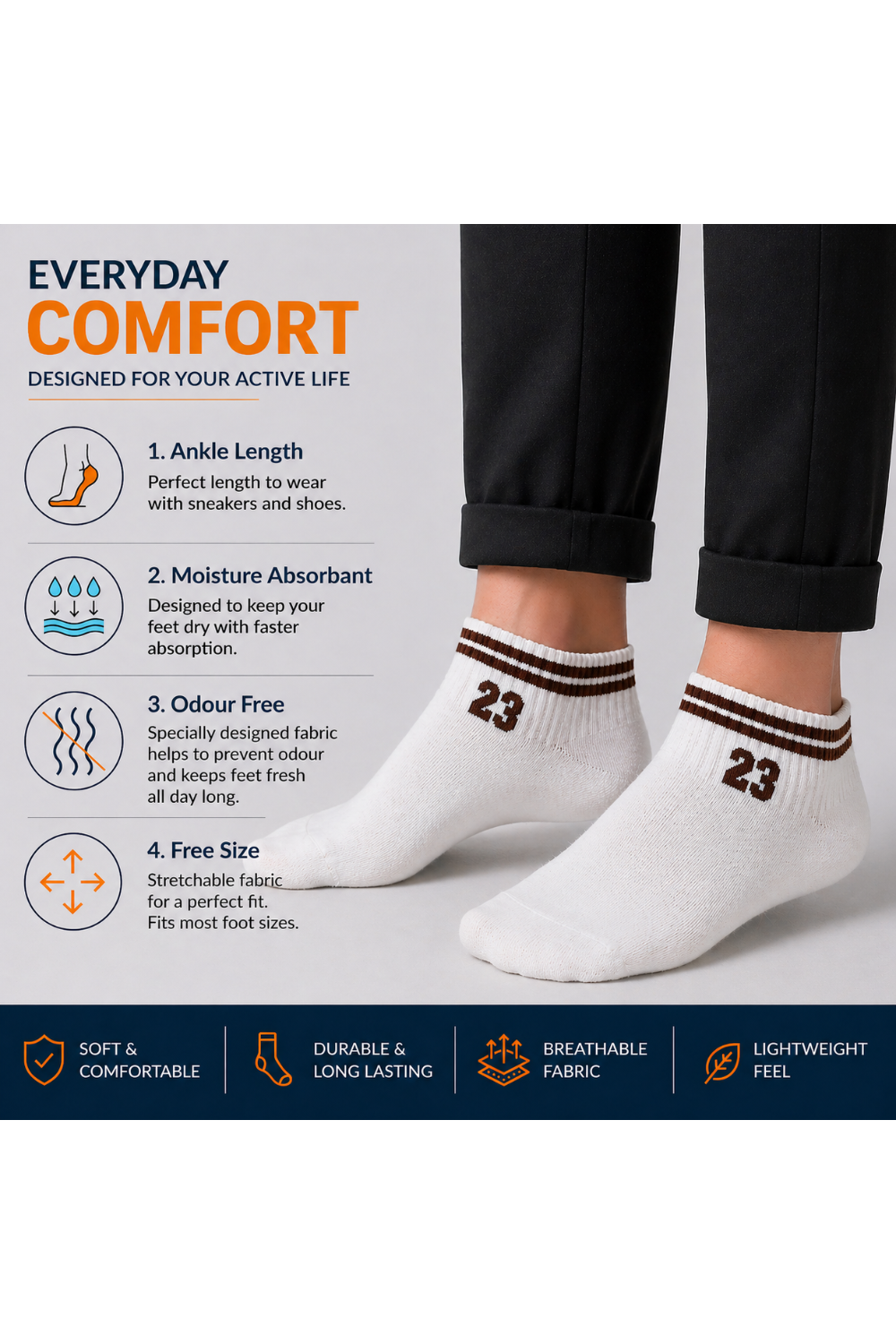 Rodi Machine White socks with brown stripes and numbers, worn with black pants, on a gray background with product features listed.