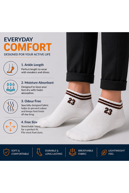 Rodi Machine White socks with brown stripes and numbers, worn with black pants, on a gray background with product features listed.
