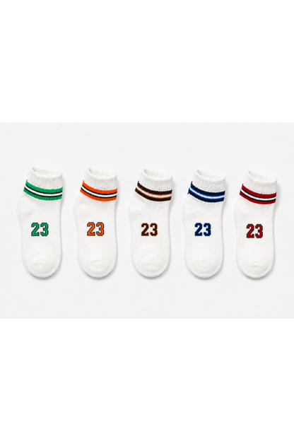 Rodi Machine Five white socks with colorful stripes and numbers '23' on a white background