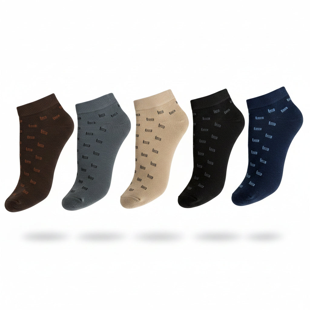 Rodimachine ankle-length cotton socks in brown, charcoal, beige, black, and navy with a geometric pattern.