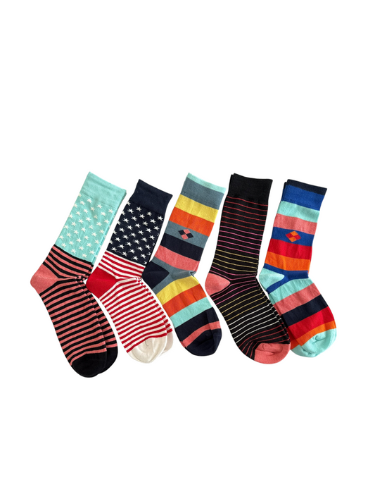 Rodimachine assorted patterned crew length cotton socks featuring stripes, stars, and argyle designs in vibrant colours