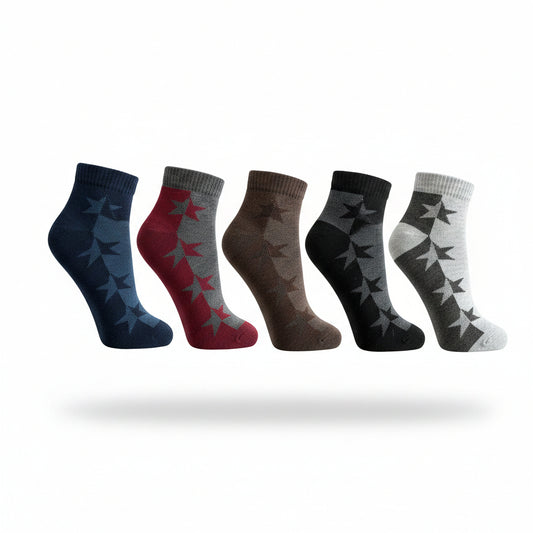 Rodimachine set of five men's crew socks in assorted colours with a bold star pattern and ribbed cuff